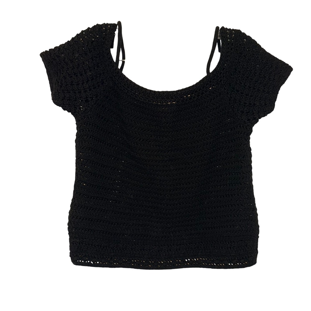 Vince Crochet Knit Cold Shoulder Top Womens Size M Black Organic Cotton